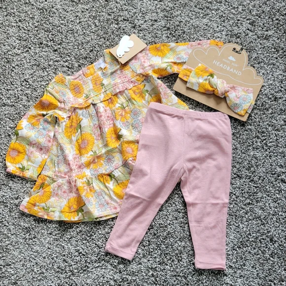 NWT - Angel Dear Sunflower Smocked Ruffle Dress, Leggings, and Headband - 6-12M - Picture 1 of 11